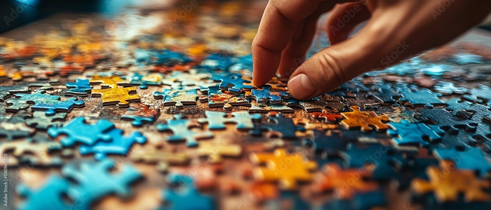 Detailed closeup of a hand working on a challenging abstract jigsaw puzzle, signifying critical thinking and problemsolving in a business context Detailed closeup of a hand working on a challenging abstract jigsaw puzzle, signifying critical thinking and problemsolving in a business context