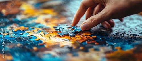 Detailed closeup of a hand working on a challenging abstract jigsaw puzzle, signifying critical thinking and problemsolving in a business context