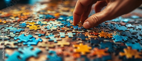 Detailed closeup of a hand working on a challenging abstract jigsaw puzzle, signifying critical thinking and problemsolving in a business context