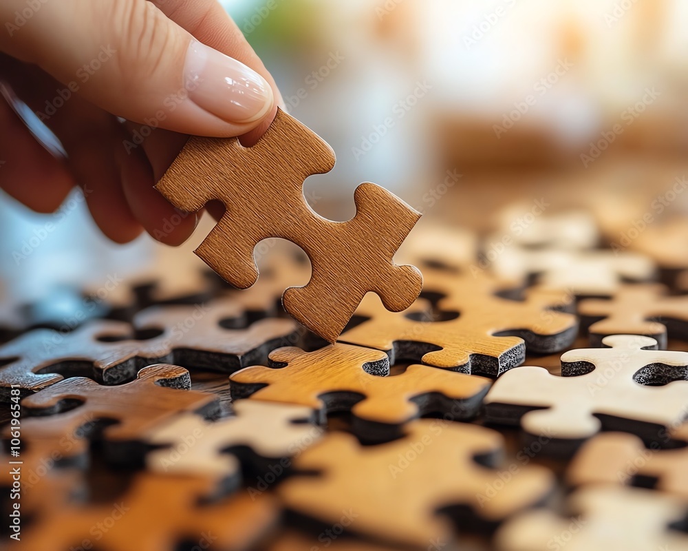 Dynamic perspective of a hand aligning abstract puzzle pieces, representing careful decisionmaking in business solutions Dynamic perspective of a hand aligning abstract puzzle pieces, representing careful decisionmaking in business solutions