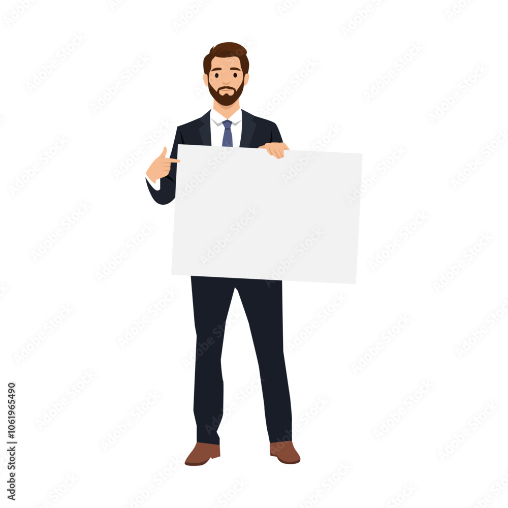 Young man holding or showing displaying white blank board. Flat vector illustration isolated on white background Young man holding or showing displaying white blank board. Flat vector illustration isolated on white background