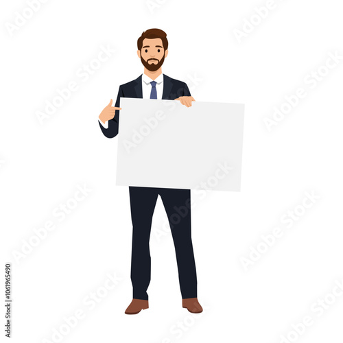 Young man holding or showing displaying white blank board. Flat vector illustration isolated on white background