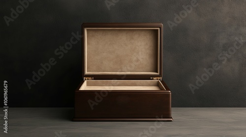 A simple, elegant wooden box is open against a dark textured background, showcasing a blank interior ready for treasures.