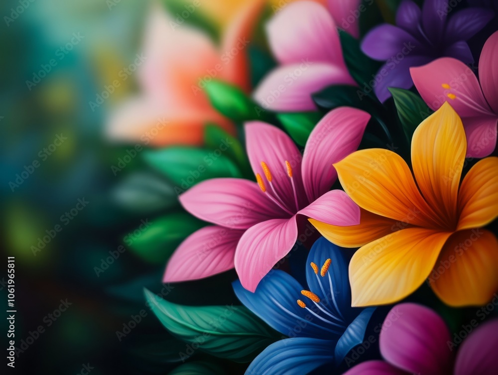 Vibrant bouquet of flowers in various colors, showcasing petals in shades of pink, purple, yellow, and blue, surrounded by lush green leaves. Vibrant bouquet of flowers in various colors, showcasing petals in shades of pink, purple, yellow, and blue, surrounded by lush green leaves.