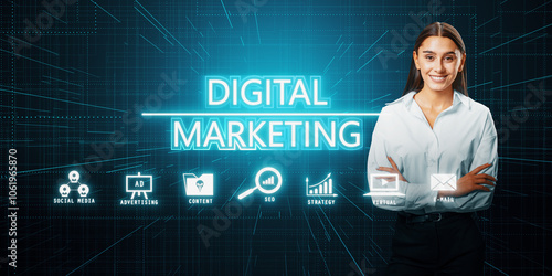 Digital Marketing Concept with Professional and Neon Icons on Dark Background.