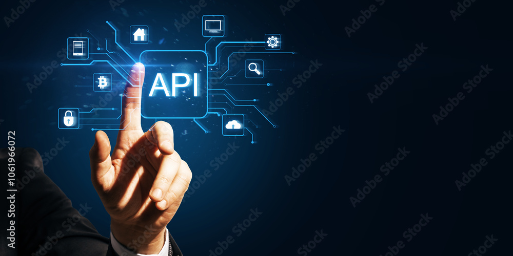Hand pointing at API icon with surrounding technology symbols on a dark blue background. Hand pointing at API icon with surrounding technology symbols on a dark blue background.