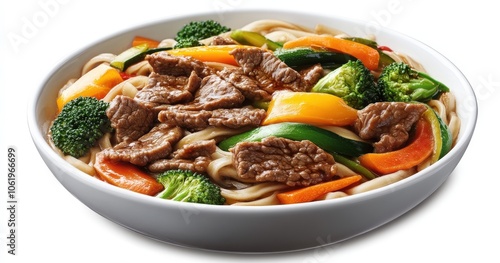 Close-up of a bowl of noodles with beef and vegetables.