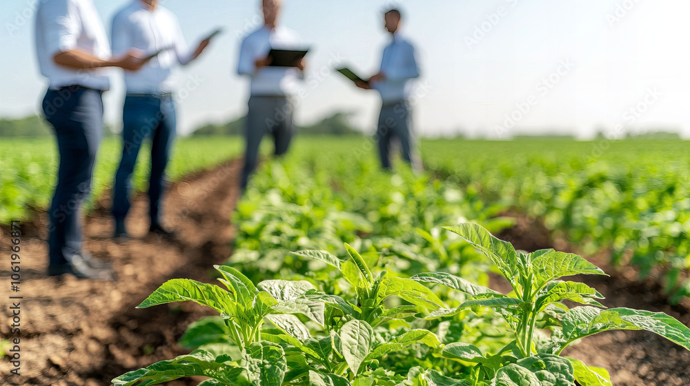 Agronomists examining crops in a lush green field, focusing on growth and productivity, under a clear sky, ensuring sustainable agriculture. Agronomists examining crops in a lush green field, focusing on growth and productivity, under a clear sky, ensuring sustainable agriculture.