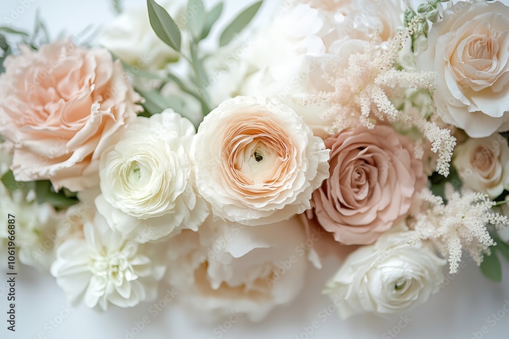 Close Up Bouquet Of White And Peach Flowers Wedding Floral Arrangement Close Up Bouquet Of White And Peach Flowers Wedding Floral Arrangement