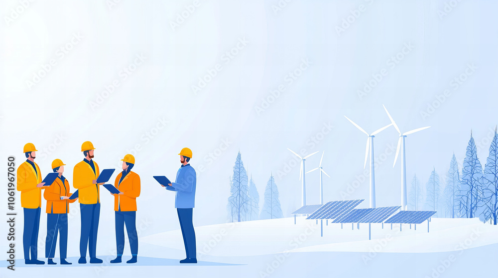 Engineers in hard hats discuss renewable energy solutions on a snowy field with wind turbines and solar panels in the background. Engineers in hard hats discuss renewable energy solutions on a snowy field with wind turbines and solar panels in the background.