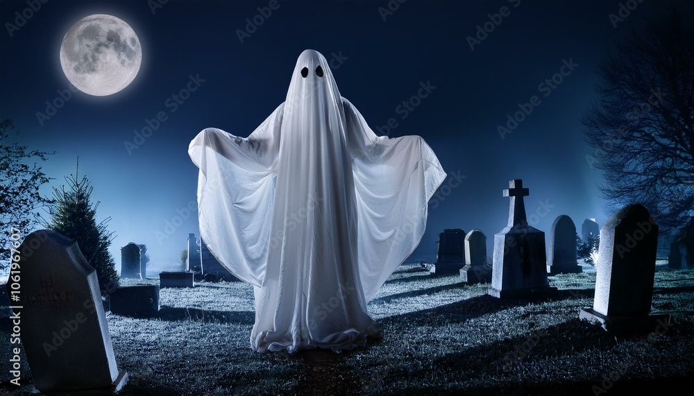 A scary ghost in the cemetery, graves, halloween A scary ghost in the cemetery, graves, halloween