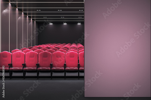 Luxury modern cinema hall with red seats and empty wall for branding or posters. 3D Rendering photo