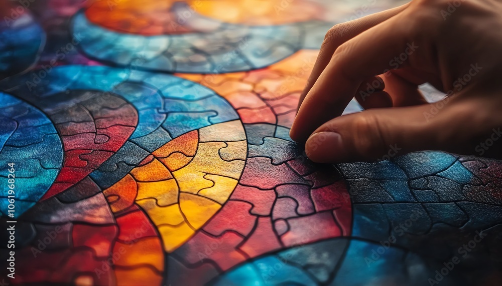 A captivating visual of a hand completing an intricate jigsaw puzzle with abstract shapes, showcasing the art of problemsolving in business A captivating visual of a hand completing an intricate jigsaw puzzle with abstract shapes, showcasing the art of problemsolving in business