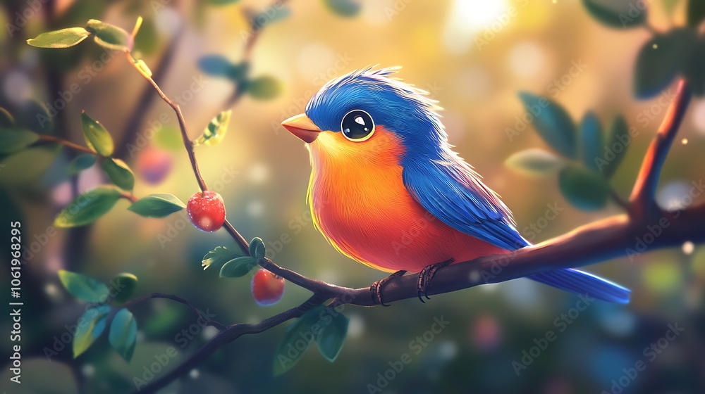 Playful cartoony bird illustration with bright colors and details picture Playful cartoony bird illustration with bright colors and details picture