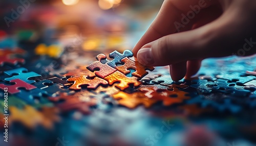 A captivating visual of a hand completing an intricate jigsaw puzzle with abstract shapes, showcasing the art of problemsolving in business
