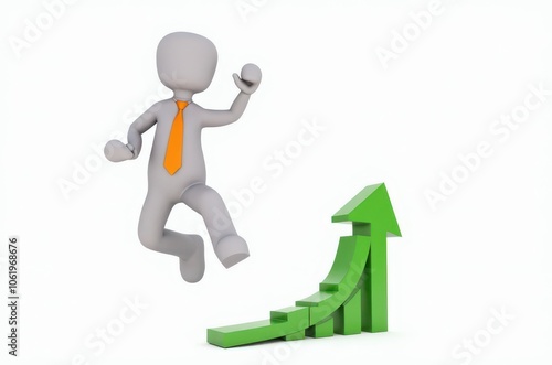 3d man red arrow success chart on white background.