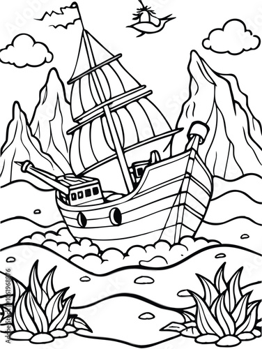 Sailing Ship on Ocean with Mountains and Bird