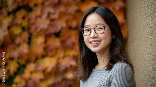 smiling woman with glasses stands against backdrop of autumn leaves, wearing gray sweater. warm colors of leaves create cozy and inviting atmosphere