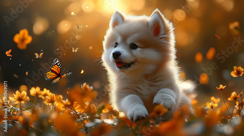 Cute Puppy Watching Butterflies in a Field of Flowers Illustration