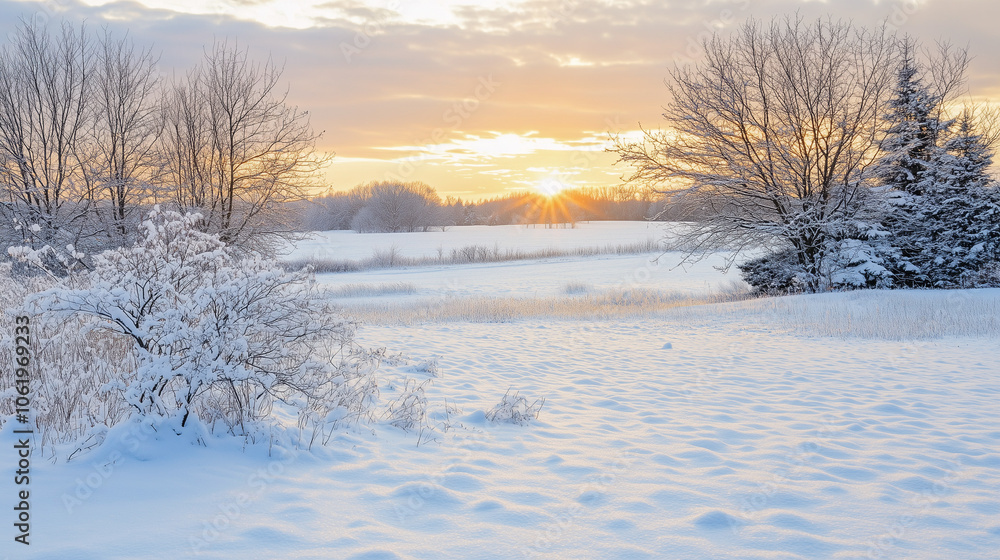 Winter landscape of a plain at sunset with trees and shrubs completely covered in white snow. Winter landscape of a plain at sunset with trees and shrubs completely covered in white snow.
