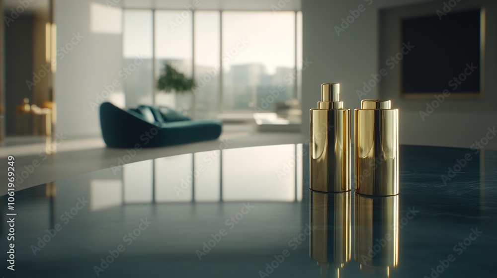 Fototapeta premium Elegant Makeup Set on Glossy Surface in Sunlight