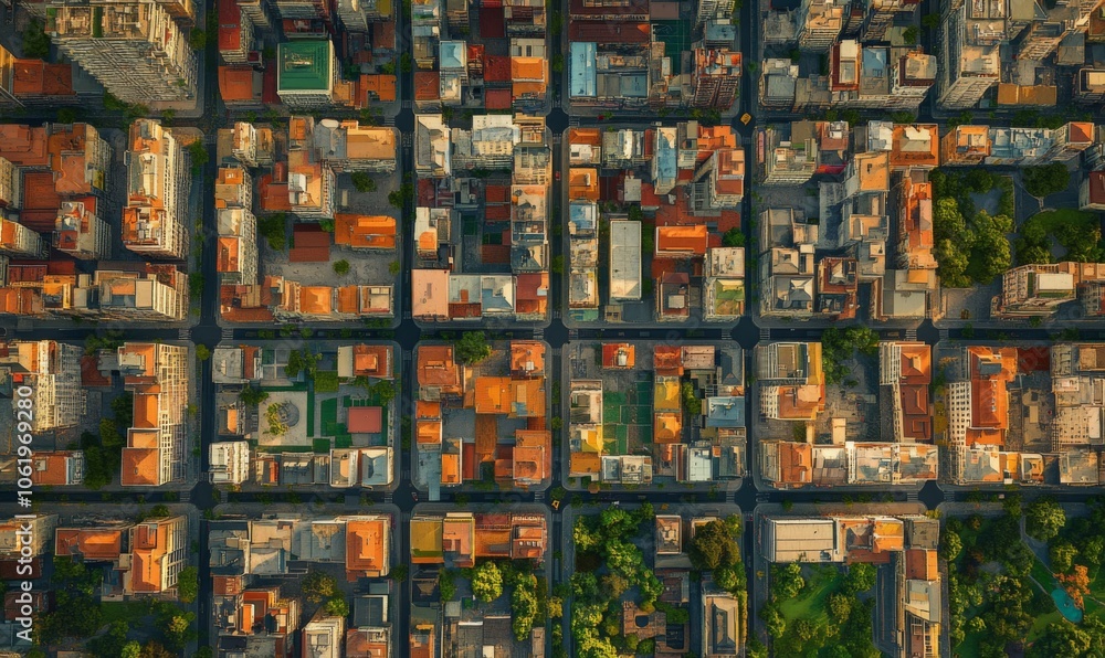 Fototapeta premium Aerial view of a dense city grid with diverse architectural styles, urban complexity, 3D illustration