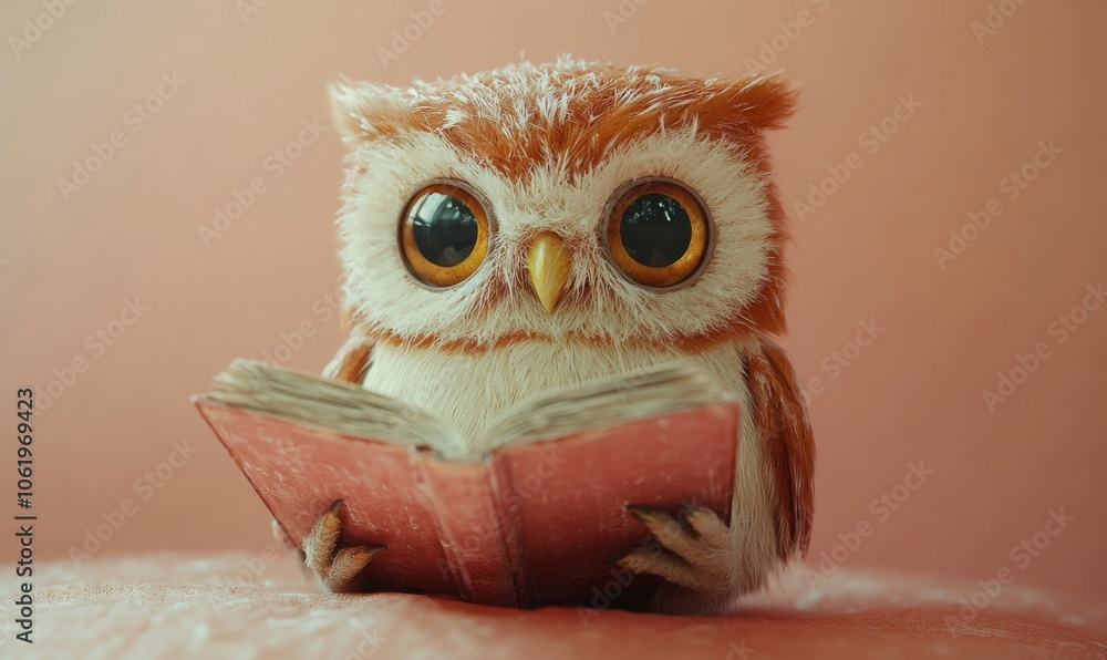 Fototapeta premium Watercolor owl reading a book, soft and charming on a blank canvas, 3D illustration
