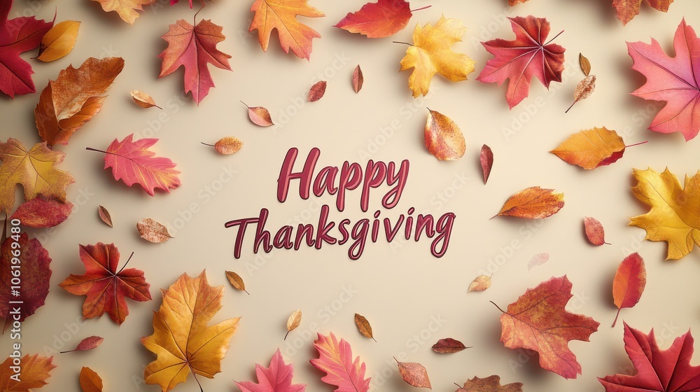 Autumn leaves surround Happy Thanksgiving text on beige background, creating festive and warm atmosphere Autumn leaves surround Happy Thanksgiving text on beige background, creating festive and warm atmosphere