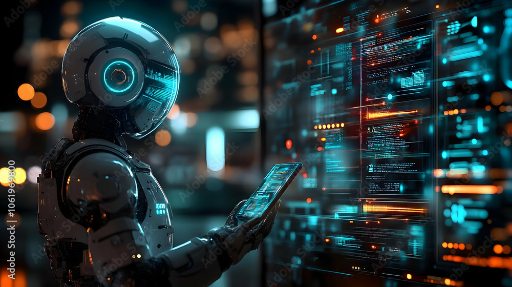 Fototapeta premium Robot with a Smartphone in a Futuristic Setting - 3D Illustration