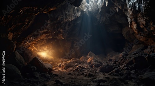 A mysterious cave entrance where the sunlight outside barely penetrates the darkness inside, creating a gradient of light that fades into deep shadows as you move further in. photo