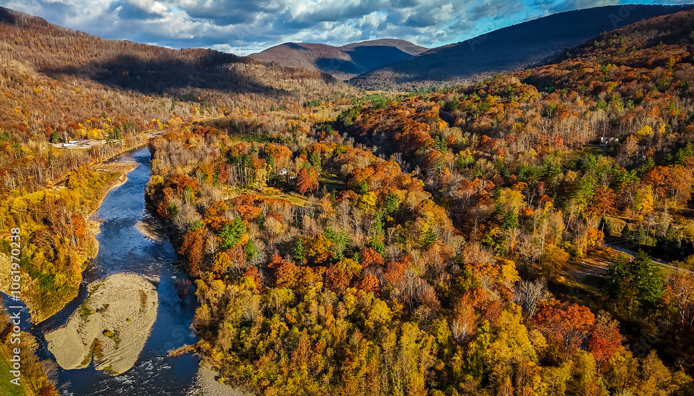 Foliage colors aerial view at Catskills Woodstock in New York