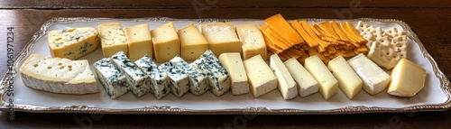 A simple dish of assorted cheeses elegantly arranged on a clean platter for a delightful presentation