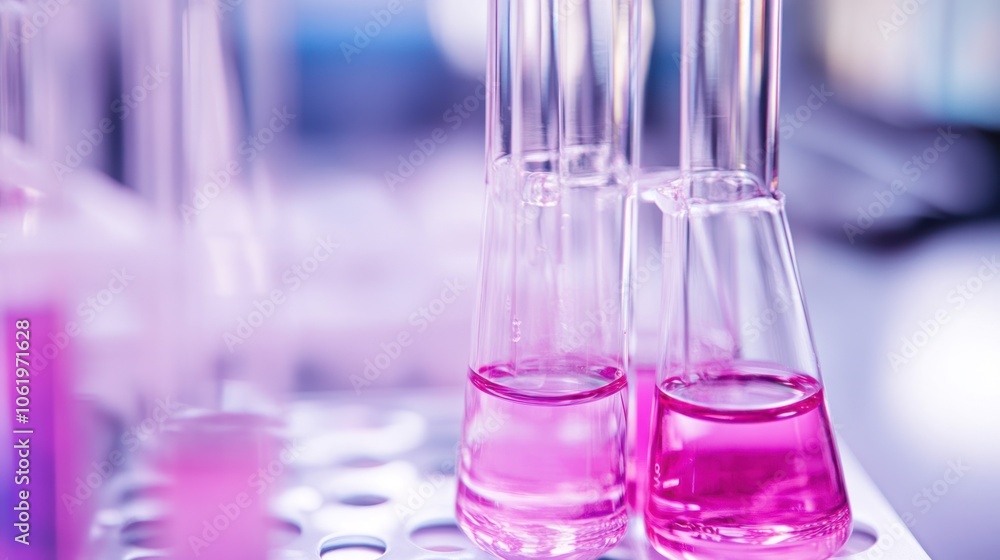 Test tubes with pink liquid in a laboratory setting, indicating scientific experimentation. Test tubes with pink liquid in a laboratory setting, indicating scientific experimentation.
