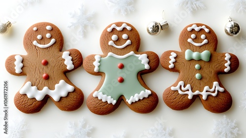 Three Gingerbread Cookies with Holiday Icing and Christmas Ornaments : Generative AI