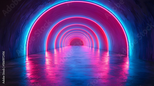 Neon tunnel with vibrant, glowing arches.