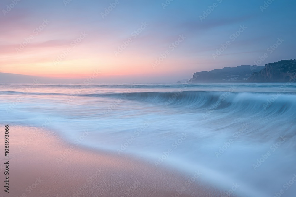 Breathtaking sunset at sandy beach with gentle waves and soft pastel colors in the sky capturing serene beauty Breathtaking sunset at sandy beach with gentle waves and soft pastel colors in the sky capturing serene beauty