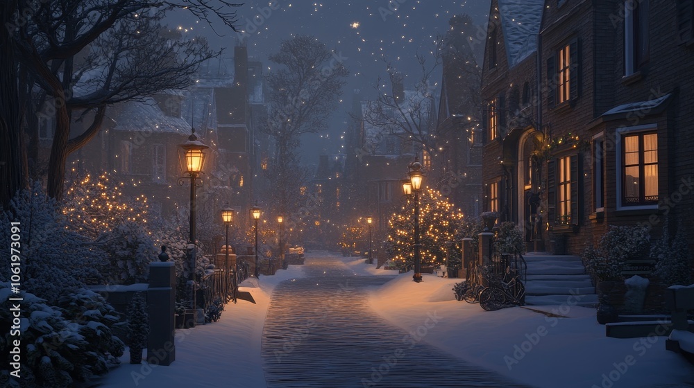A serene winter street scene with snow, streetlights, and cozy homes, evoking a peaceful holiday atmosphere. A serene winter street scene with snow, streetlights, and cozy homes, evoking a peaceful holiday atmosphere.