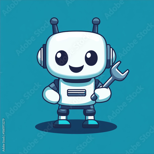 A cute robot holding an open wrench, in a simple flat style illustration logo design with a white background and blue color scheme.