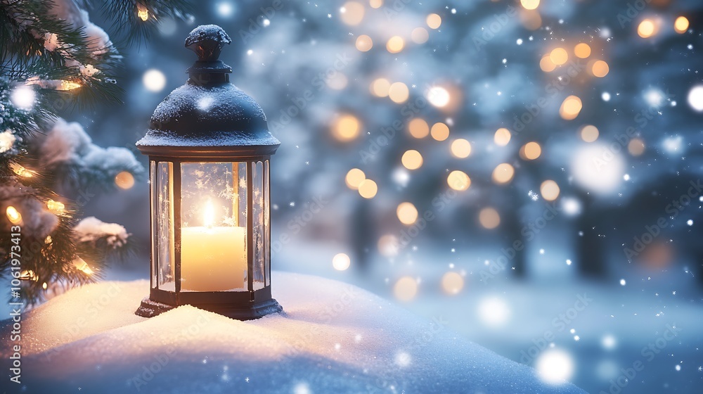 Enchanting Winter Lantern Amidst Glowing Snowfall in Tranquil Christmas Setting : Generative AI Enchanting Winter Lantern Amidst Glowing Snowfall in Tranquil Christmas Setting : Generative AI