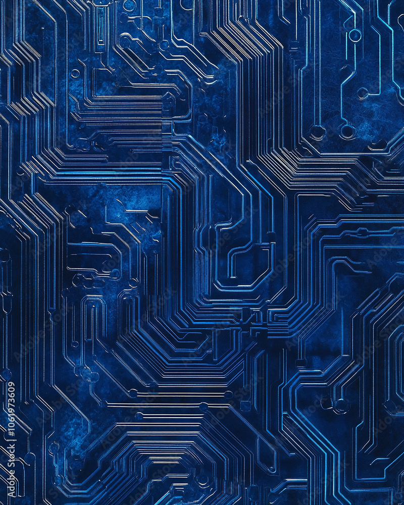 A close-up view of a circuit board, showing intricate pathways and connections in a dark blue tone A close-up view of a circuit board, showing intricate pathways and connections in a dark blue tone