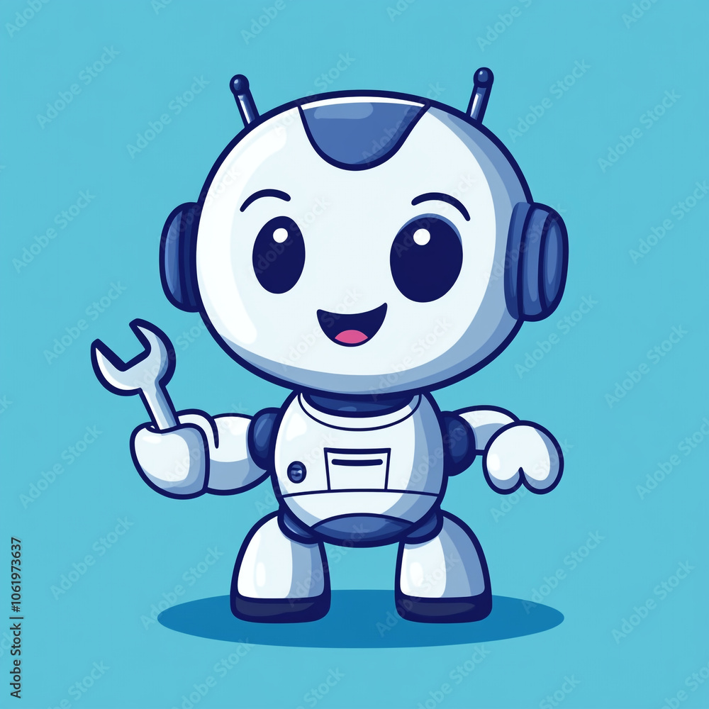 A cute robot holding an open wrench, in a simple flat style illustration logo design with a white background and blue color scheme. A cute robot holding an open wrench, in a simple flat style illustration logo design with a white background and blue color scheme.