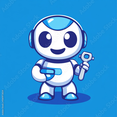 A cute robot holding an open wrench, in a simple flat style illustration logo design with a white background and blue color scheme.