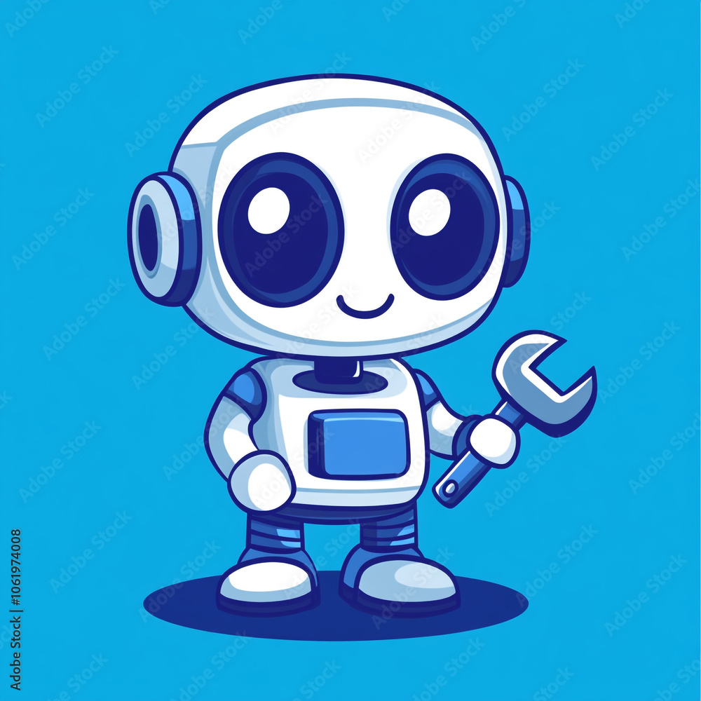 A cute robot holding an open wrench, in a simple flat style illustration logo design with a white background and blue color scheme. A cute robot holding an open wrench, in a simple flat style illustration logo design with a white background and blue color scheme.