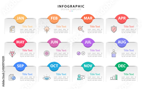 Timeline Creator infographic template. 12 months timeline journey, 1 year calendar infographics design template. presentation graph. Business concept with 12 options or steps, vector illustration.