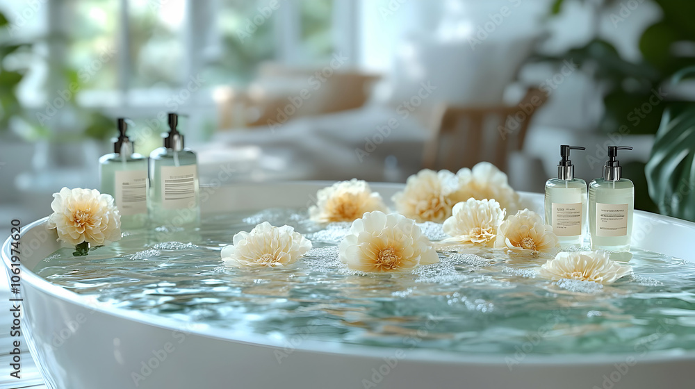 Fototapeta premium Relaxing Bathroom With Flowers And Bottles Illustration