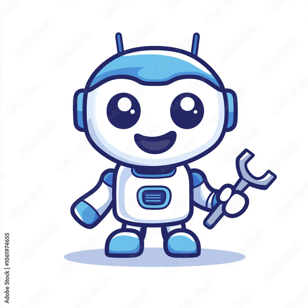 Fototapeta premium A cute robot holding an open wrench, in a simple flat style illustration logo design with a white background and blue color scheme.