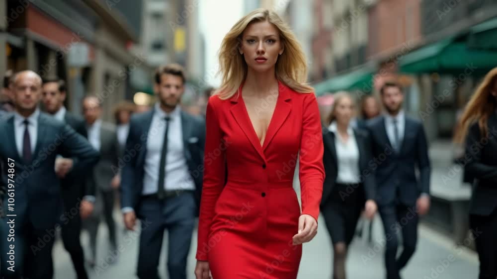 Confident woman in a bold red dress walking through a busy city street, contrasting against the business-like atmosphere around her, where people are dressed in muted tones. Confident woman in a bold red dress walking through a busy city street, contrasting against the business-like atmosphere around her, where people are dressed in muted tones.