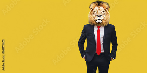 Lion wearing suit and red tie on yellow background, AI generated photo