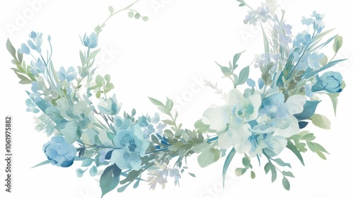 Wallpaper Mural Floral wreath with pale blue flowers and green foliage in a soft watercolor style, isolated on white for postcards, banners Torontodigital.ca