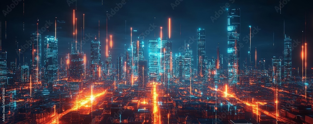 Fototapeta premium Advanced cityscape with bright connected networks, smart city powered by IoT, 5G, and AI, futuristic infrastructure glowing in a dark urban environment